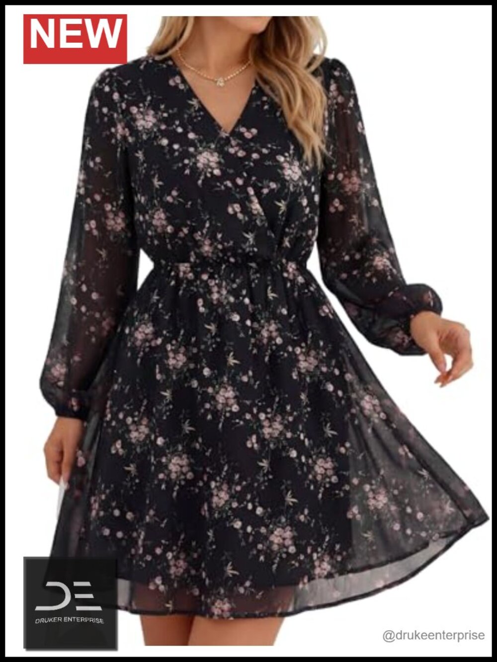 Women's V-Neck Long Sleeve Fit & Flare Dress Casual Wedding Guest